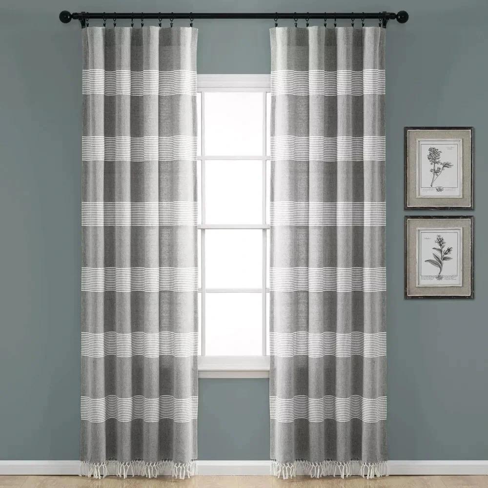 2Tucker Stripe Yarn Dyed Cotton Knotted Tassel Window Curtain Panels Gray 40X95